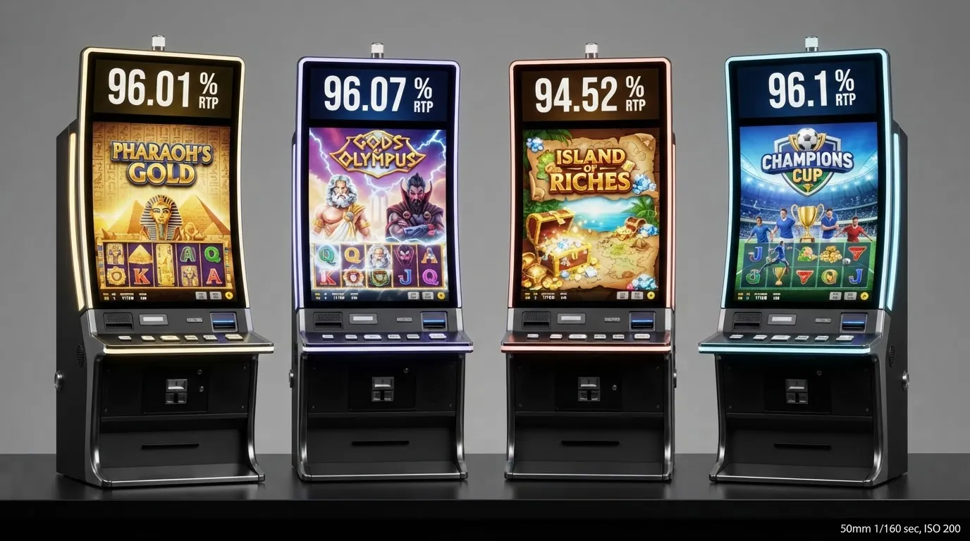 Vier Spielautomaten-Bildschirme nebeneinander mit hervorgehobenen RTP-Prozentwerten — Climb Time, Zeus vs Hades, Gates of Inter, Lucky Pack