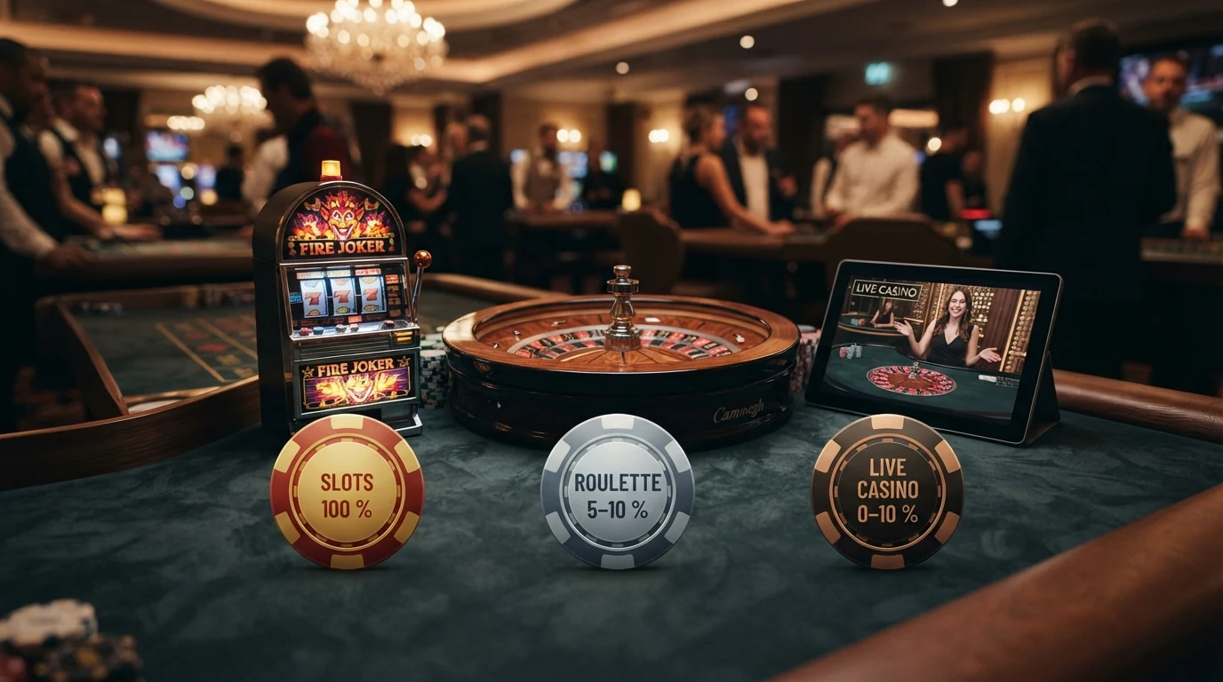 Drei Spielkategorien nebeneinander – ein Slot-Automat, ein Roulette-Rad und ein Live-Dealer-Tisch – jeweils mit einer Prozentangabe zur Bonus-Gewichtung versehen