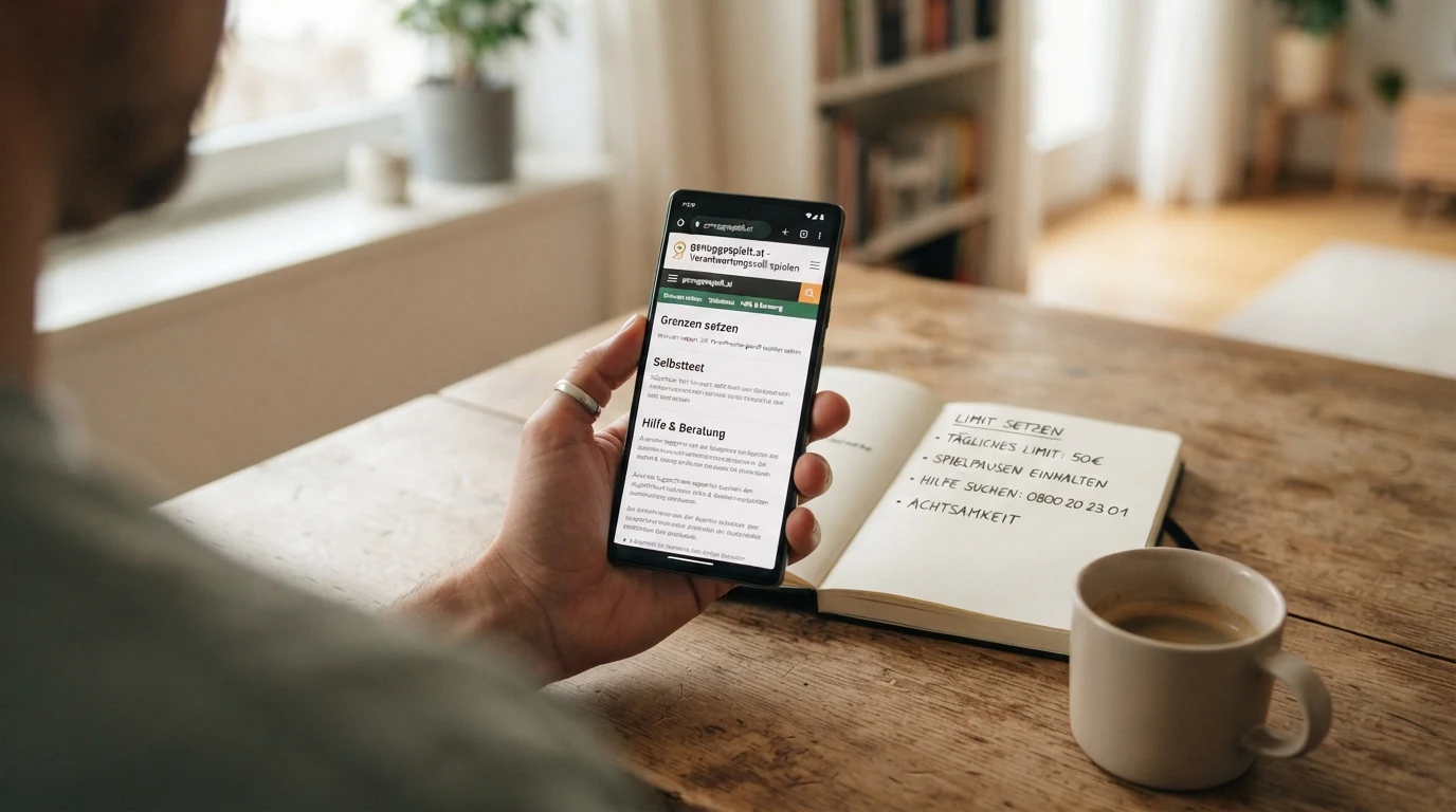 Ein aufgeräumter Schreibtisch mit einer Kaffeetasse, daneben ein Laptop, der die Startseite von genuggespielt.at zeigt, und ein Notizblock mit handschriftlich notierten Limits