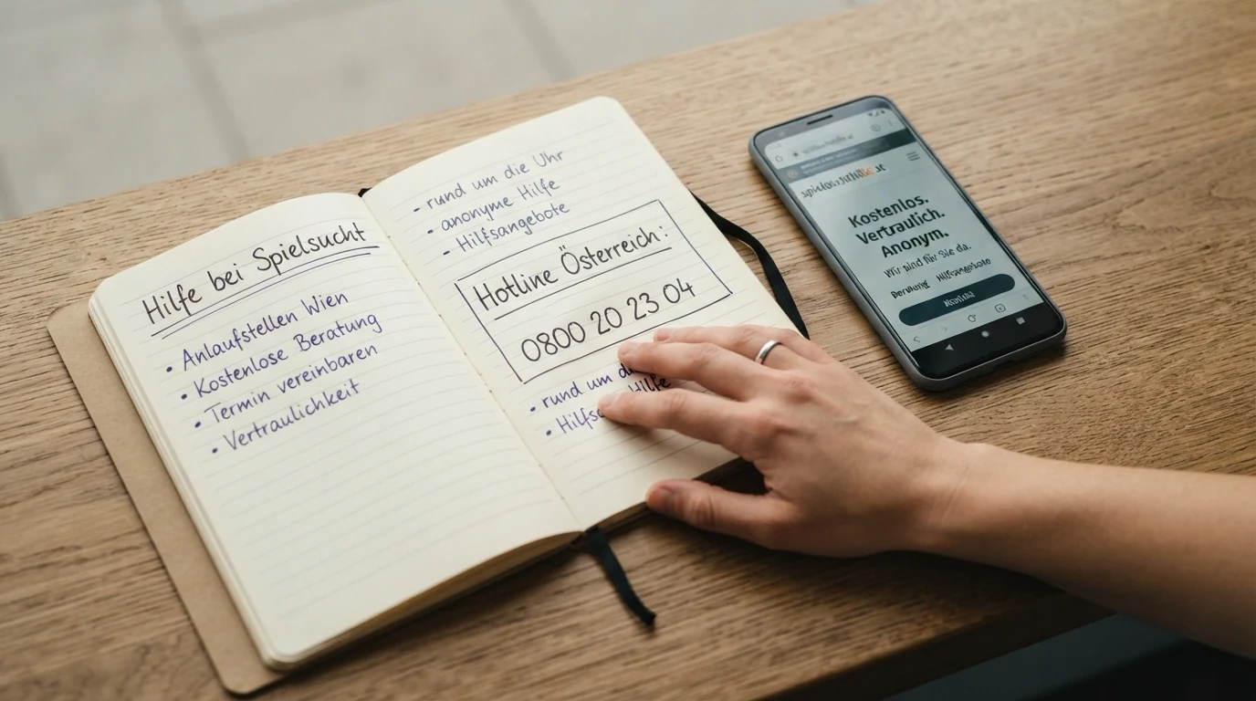 Ein aufgeschlagenes Notizbuch mit Stift, daneben ein Smartphone mit geöffneter spielsuchthilfe.at-Startseite und dem Text „Kostenlos. Vertraulich. Anonym.“