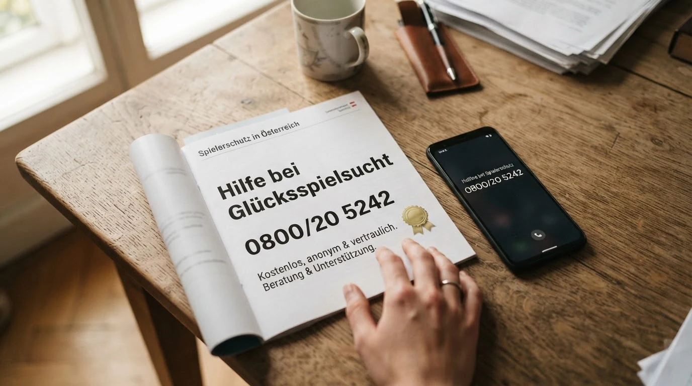 Ein Schreibtisch mit Telefon, daneben eine Infobroschüre mit dem Titel „Spielerschutz in Österreich“ und der Hotline-Nummer 0800/20 5242