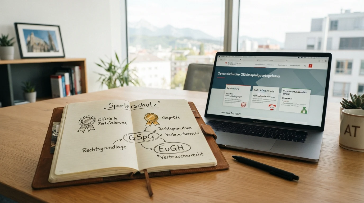 Ein stilisiertes österreichisches Gesetzbuch mit Paragrafen-Zeichen neben dem EU-Sternenkranz und einem Schild-Symbol für Verbraucherschutz