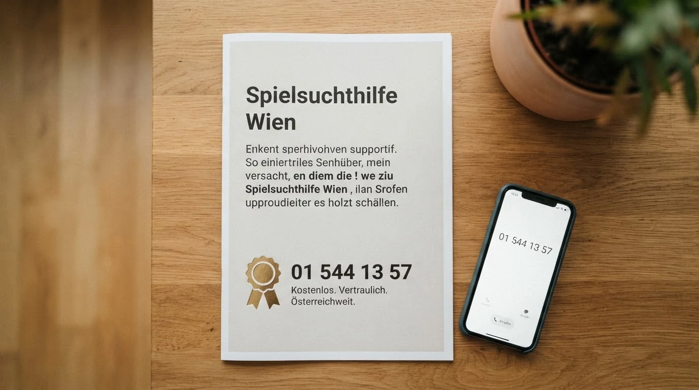 Das Logo der Spielsuchthilfe Wien mit Telefon-Hotline-Nummer und dem Schriftzug „Kostenlos. Vertraulich. Österreichweit.“