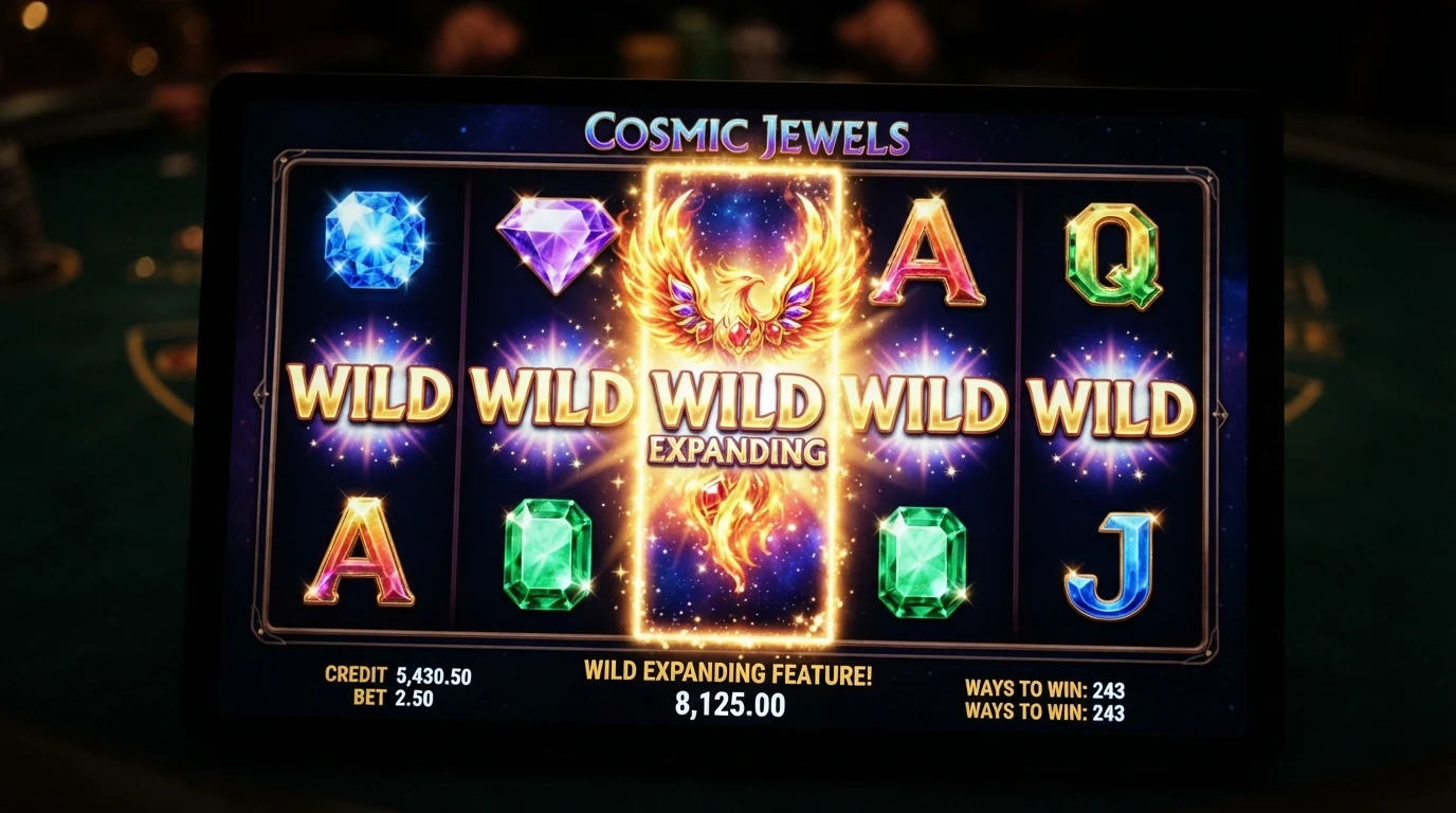 Nahaufnahme der fünf Walzen des Starburst-Slots mit einem expandierenden Wild-Symbol auf der mittleren Walze, umgeben von leuchtenden Juwelen-Symbolen in Violett, Blau, Gelb, Grün und Orange.