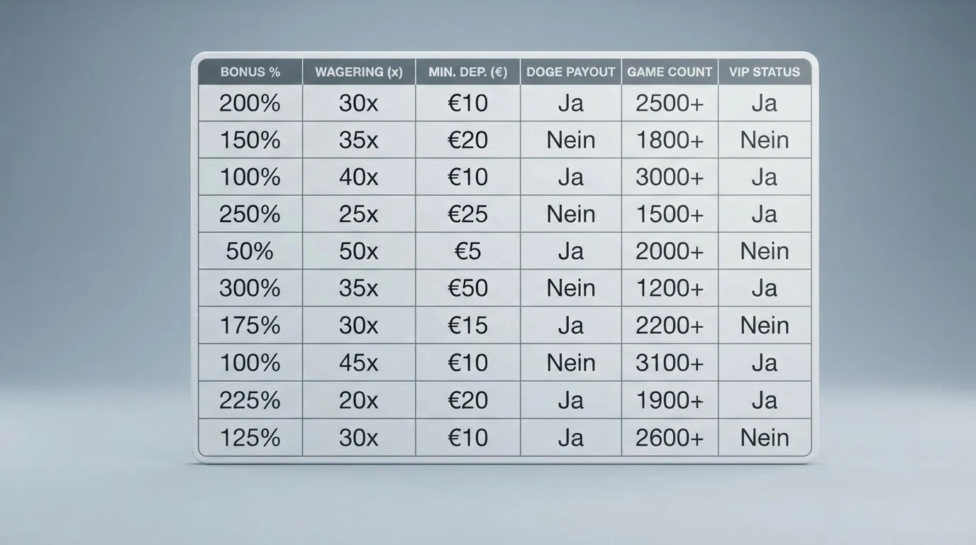 Übersichtliche Vergleichstabelle mit den zehn getesteten Dogecoin-Casinos und ihren Kernmerkmalen