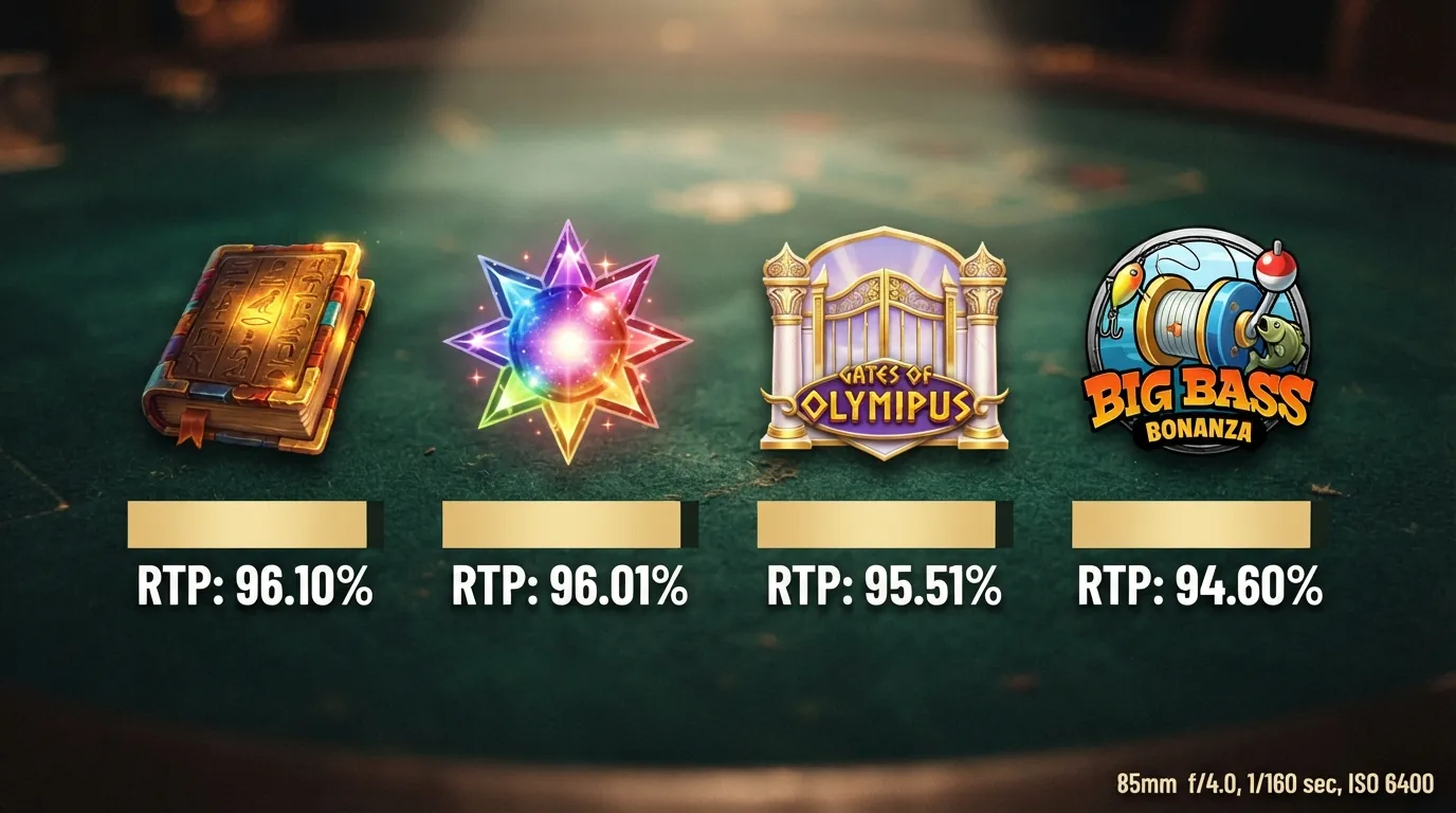 Die Spielautomaten-Symbole von Book of Dead, Starburst, Gates of Olympus und Big Bass Bonanza nebeneinander, darunter je ein RTP-Prozentbalken in absteigender Höhe