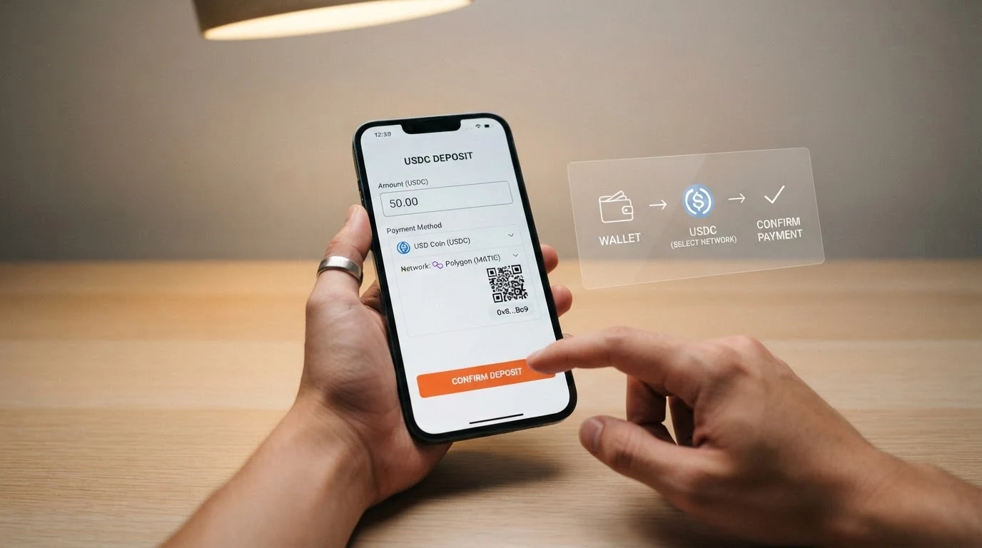 Grafischer Ablauf einer USDC-Casino-Einzahlung: Wallet mit USDC-Guthaben, Auswahl des Netzwerks (Ethereum/Solana/Tron), Bestätigung am Smartphone, Casino-Guthaben in USD