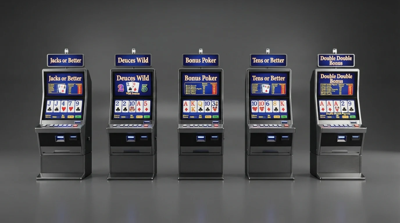 Fünf nebeneinander angeordnete Video-Poker-Spielbildschirme mit den Varianten Jacks or Better, Deuces Wild, Bonus Poker, Tens or Better und Double Double Bonus