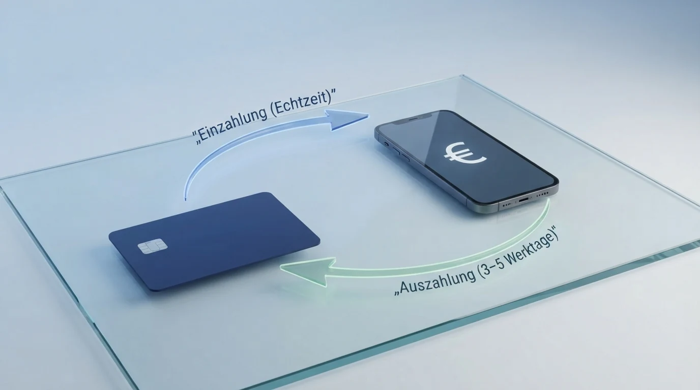 Schematische Darstellung des Visa-Zahlungszyklus im Online Casino mit Einzahlungspfeil (Echtzeit) und Auszahlungspfeil (3–5 Werktage)