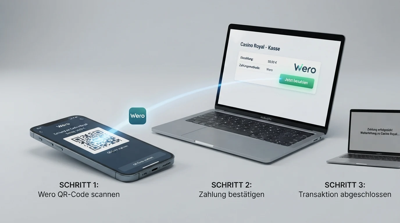 Eine schematische Darstellung des Wero-Zahlungswegs: Smartphone mit QR-Code-Scan, Bestätigung in der Banking-App und Echtzeit-Gutschrift auf dem Casino-Konto.