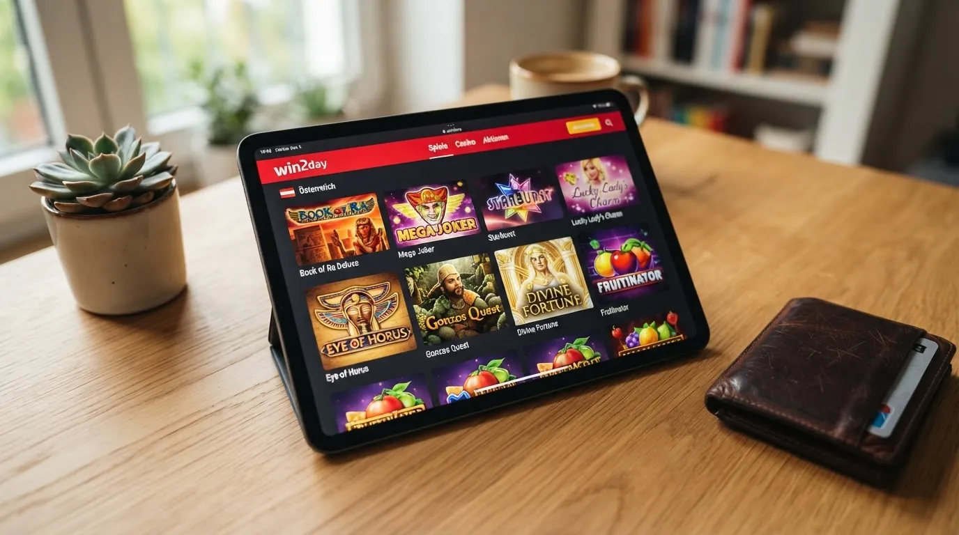 Bildschirmansicht der Slot-Auswahl bei win2day mit Titelbildern von Book of Dead, Starburst und Book of Ra Deluxe