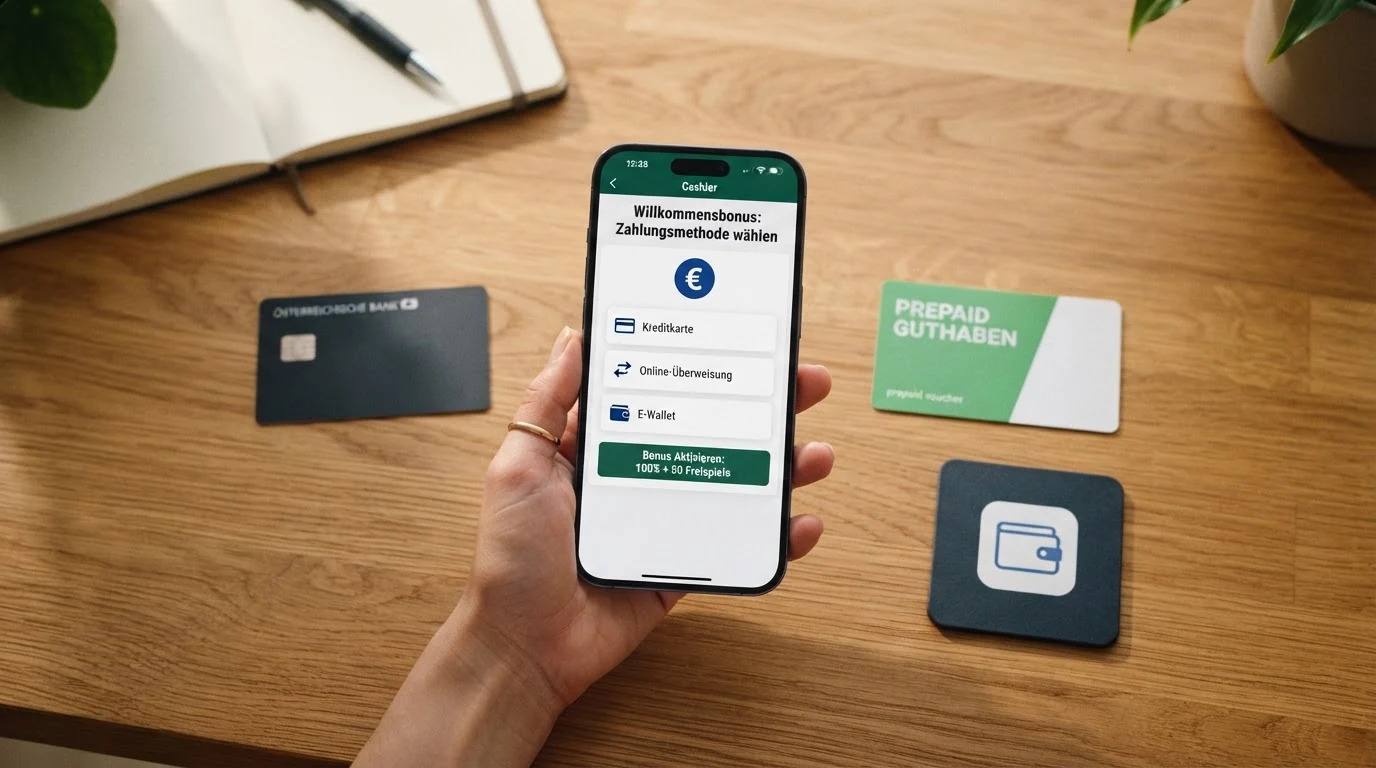 Eine Reihe gängiger Zahlungsmethoden – Kreditkarte, E-Wallet, Paysafecard – mit einer Markierung, welche den Willkommensbonus freischalten und welche nicht
